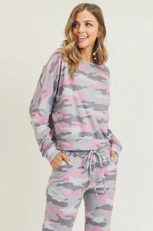 Relaxed Camo Print Pullover Top Alpaca Blend Soft