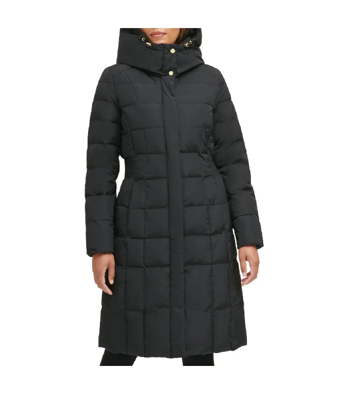 Box Quilt Down Zip Front Coat Black Pockets Sleeves Lining