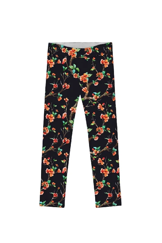 In The Night Lucy Cute Black Floral Printed Leggings - Girls Fashionable Embroidered Detail Leggings
