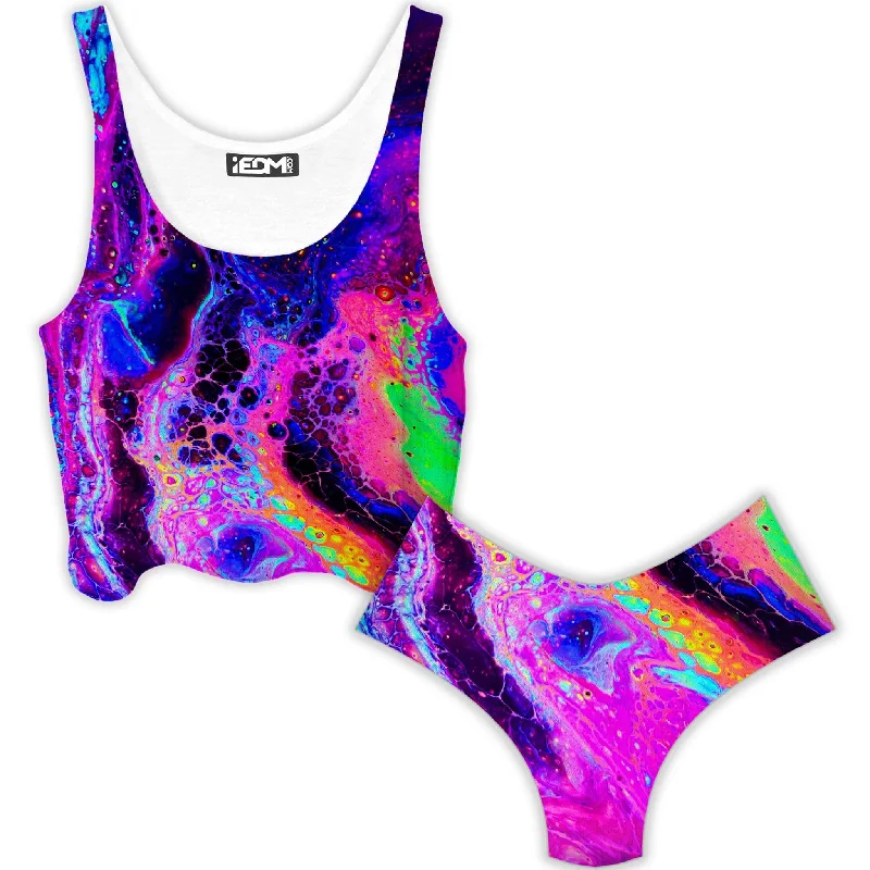 Psychedelic Radiation Crop Top and Booty Shorts Combo Wool Fabric Cashmere Fabric Tweed Fabric