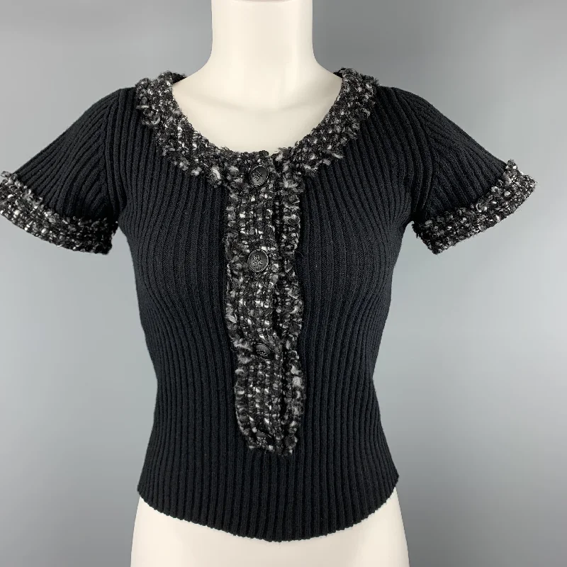 CAROLINA HERRERA Size 6 Black Wool Blend Gray Trim Short Sleeve Button Pullover Square Neck Pullover