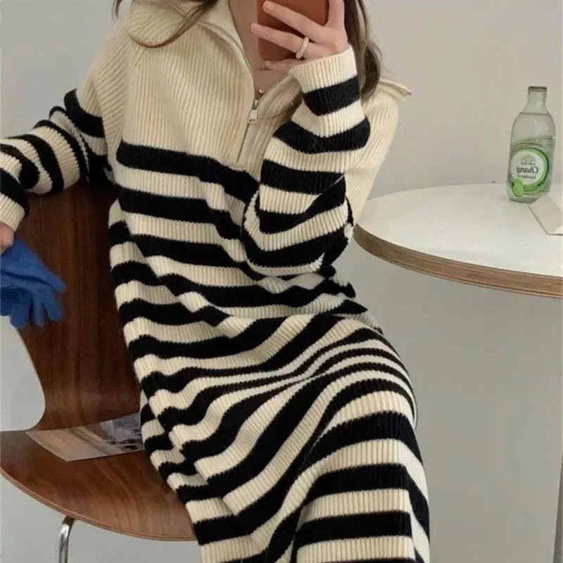 Korean Chic Big Lapel Zipper Stripe Mid Length Knit Dress Autumn Winter Pullover Long Sleeve Loose Warm Women Dress  New Ruffle Neck Pullover