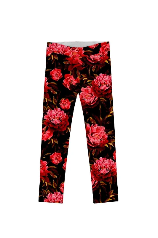 True Passion Lucy Black Floral Print Fancy Leggings - Girls Stylish Ultra Stretch Leggings