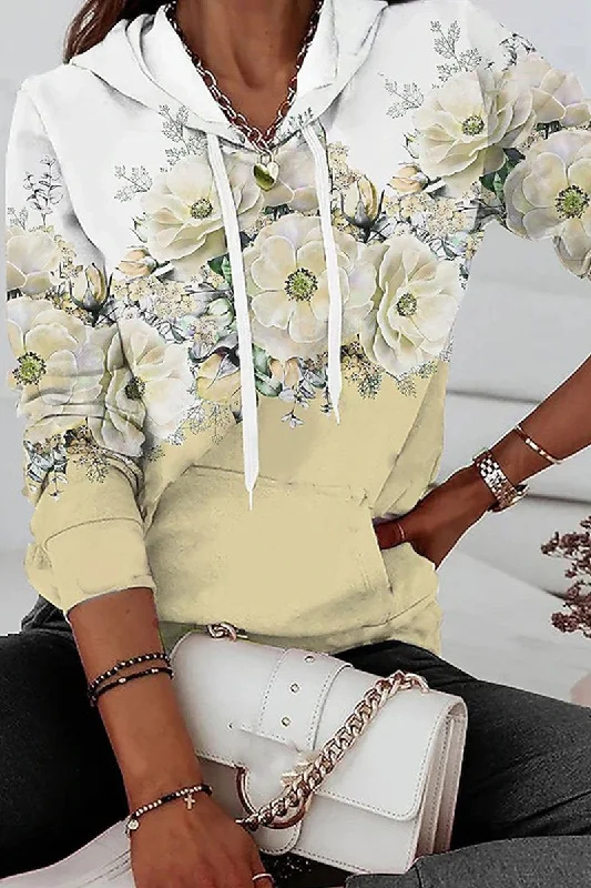 WOMEN ELEGANT FLORAL PRINTING HOODED PULLOVER Crew Neck Wool