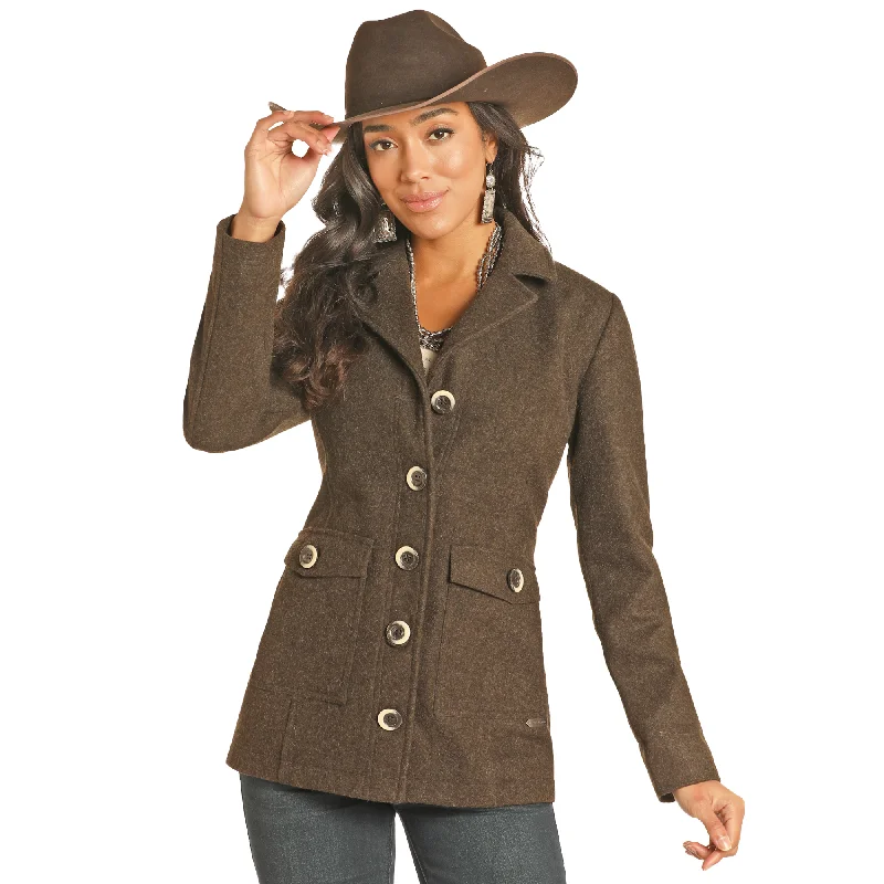 Powder River Outfitters Ladies Solid Dark Brown Wool Coat DW92C04129-22 Boat Neck Jacket Square Neck Jacket One-Shoulder Jacket