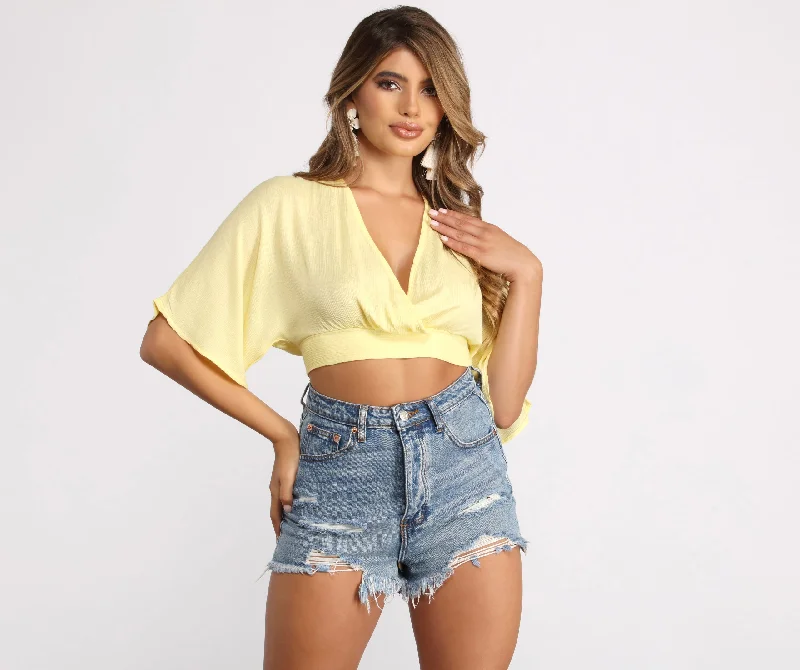 Plunging Surplice Tie Back Gauze Crop Top Summer Crop Top Casual Short Sleeve