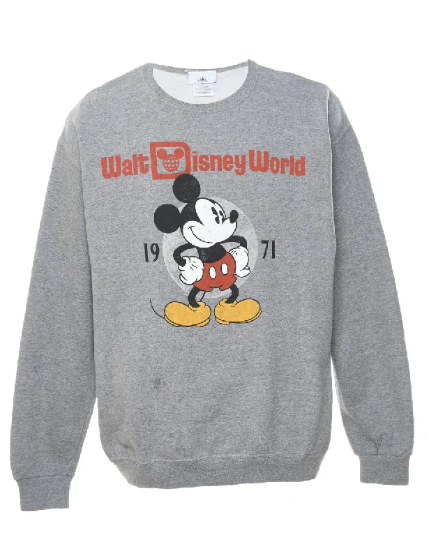 Disney World Grey Printed Cartoon Sweatshirt - L Hoodie with Oversized Fit Loose Comfortable