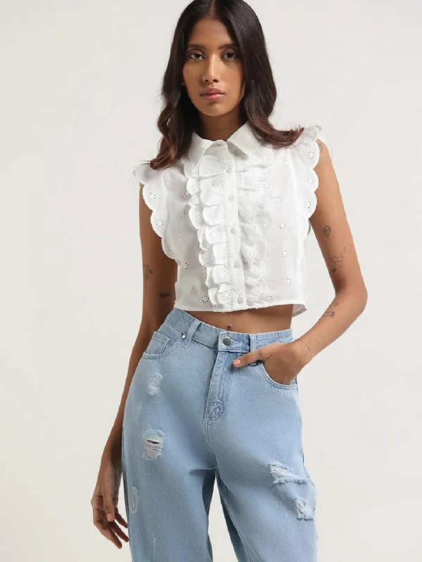 Nuon White Cotton Shifflie Crop Top Seamless Knitted Crochet