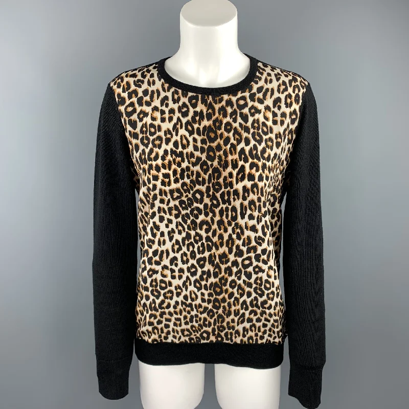 EQUIPMENT Size XS Black & Tan Leopard Wool / Silk Pullover Asymmetrical Hem Sweater