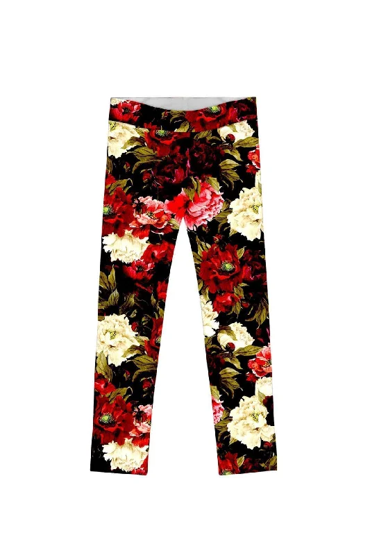 Put Your Crown On Lucy Back Floral Fancy Legging - Girls Elegant Printed Leggings with Pockets