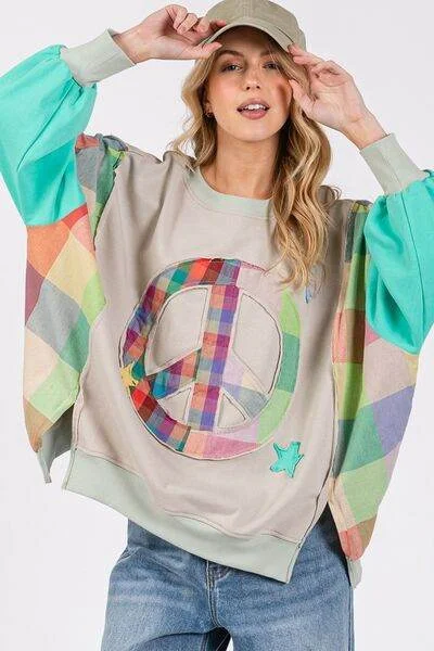 SAGE + FIG Contrast Peace Patch Dropped Shoulder Sweatshirt Hoodie with Cuffed Sleeves Snug Secure SAGE + FIG Contrast Peace Patch Dropped Shoulder Sweatshirt Hoodie with Cuffed Sleeves Snug Secure