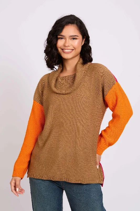 Women Pullover High Neck Loose  Green Bardot Neck Top