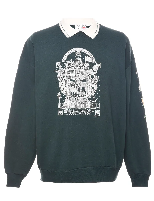 Dark Green & White 1990s Printed Christmas Sweatshirt - XL Hoodie with Thumb Holes Functional Cozy Dark Green & White 1990s Printed Christmas Sweatshirt - XL Hoodie with Thumb Holes Functional Cozy