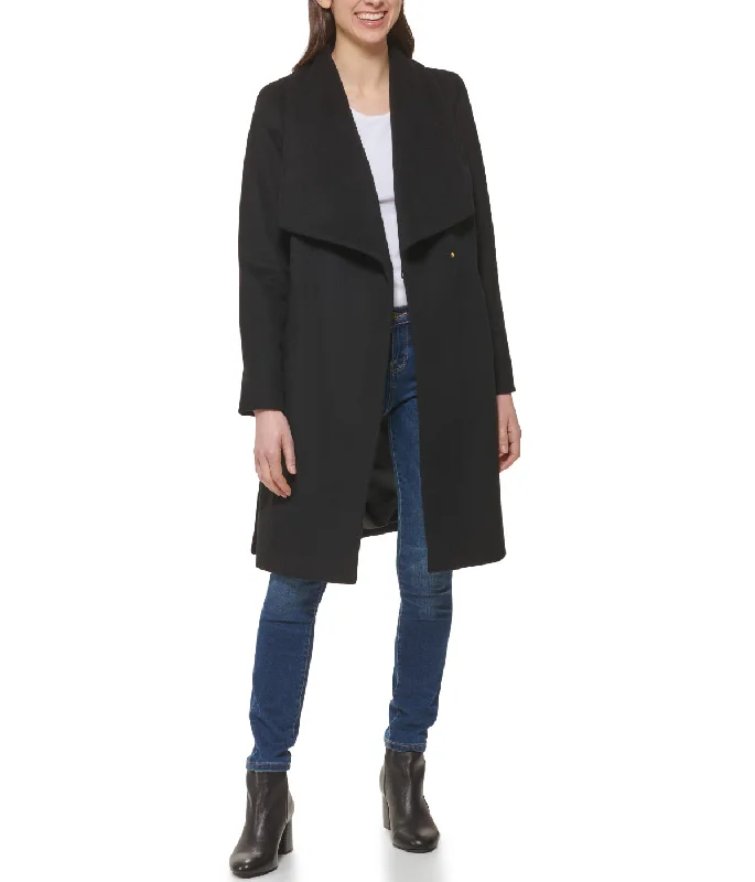 Long Wool Blend Coat With Tie Black Fitted Loose Oversized