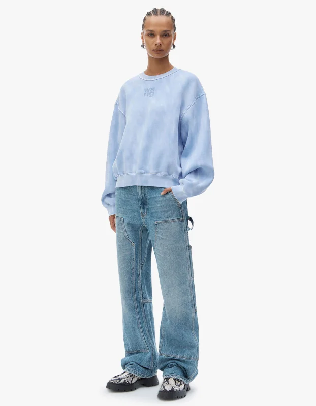 Essential Terry Crew Sweatshirt W/ Puff Paint Logo - Washed Pale Blue Hoodie with Ribbed Hem Stretchable Secure Essential Terry Crew Sweatshirt W/ Puff Paint Logo - Washed Pale Blue Hoodie with Ribbed Hem Stretchable Secure