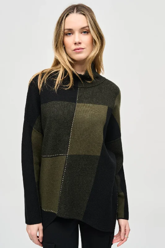 Joseph Ribkoff Color-block Jacquard Knit Pullover Style 243944 Iguana/Black Halter Neck Top Joseph Ribkoff Color-block Jacquard Knit Pullover Style 243944 Iguana/Black Halter Neck Top