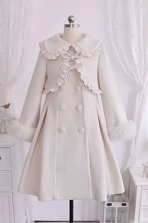 Ivory Double Breasted Bowknot Plush Long Sleeves Fake Two-Piece Woolen Lolita Coat Denim Leather Suede