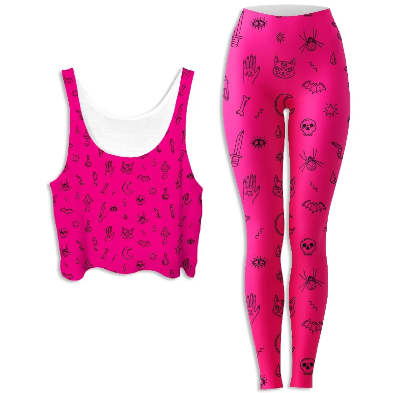Pink Pattern Crop Top and Leggings Combo Thin Crop Top Open Front Quick Dry