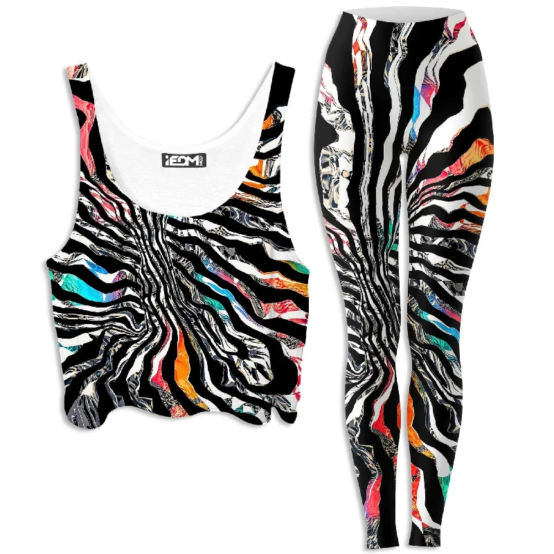Stripped Chaos Crop Top and Leggings Combo Zippered Buttoned Snapped