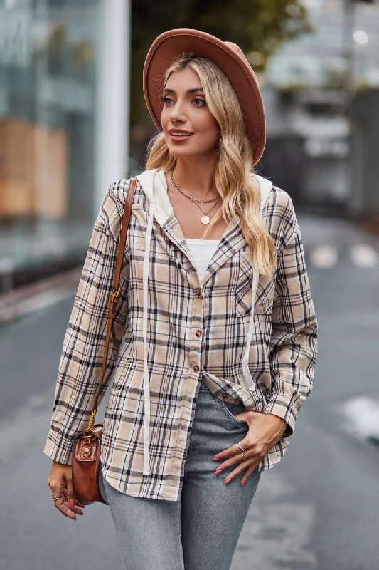 WOMEN PLAID CASUAL BUTTON UP PULLOVER HOODIE Cold Shoulder Design
