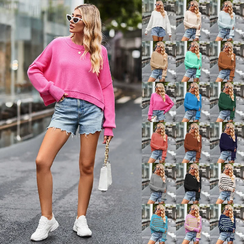 Women's Fashion Round Neck Loose Pullover Sweater One Shoulder Top
