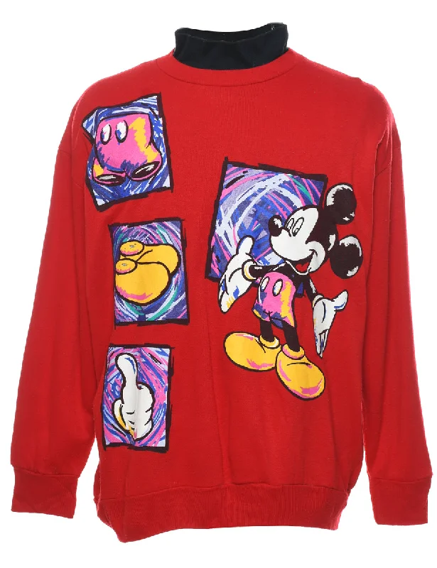 Mickey Mouse Red 1990s Printed Sweatshirt - XL Hoodie with Zipper Versatile Modern