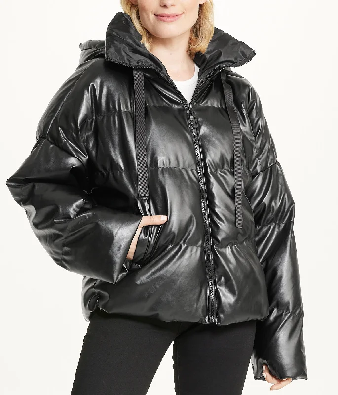 Vegan Leather Puffer Coat Hooded Jacket Zipper Jacket Button Jacket
