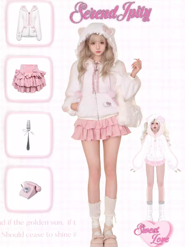 Kitten Plush Coat + Cake Skirt Plaid Tartan Floral