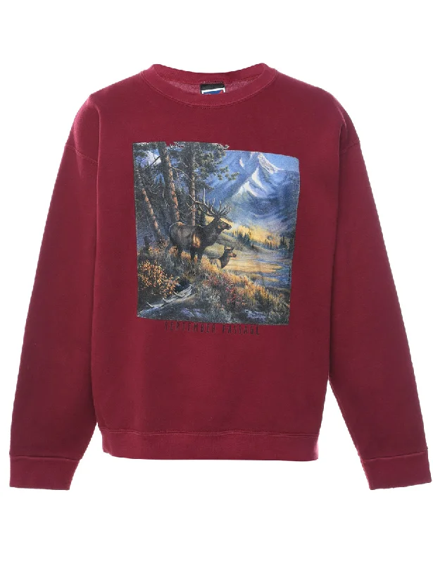 Deer Design Maroon Landscape Sweatshirt - L Hoodie with Typography Text Message