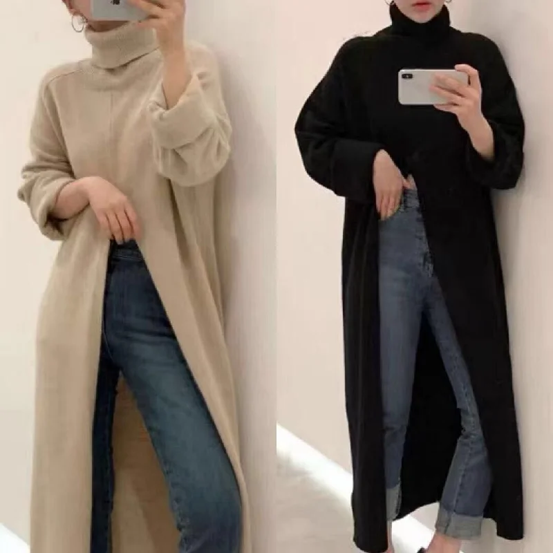Korean Style Turtleneck Long fall winter Sweater Dress Side split Female Pullover mujer sueteres Port Neck Pullover