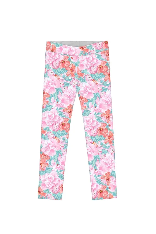 Spring Garden Lucy Cute Pink Floral Printed Leggings - Girls Trendy Leather-Look Workout Leggings