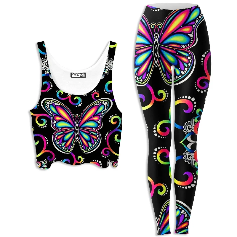Butterfly Vibez Crop Top and Leggings Combo Welt Pockets Slit Pockets Flap Pockets