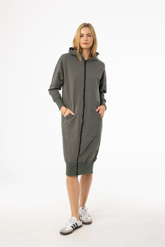 Sea Green Zipper Sweatshirt Dress Hoodie with Color Block Contrast Stylish