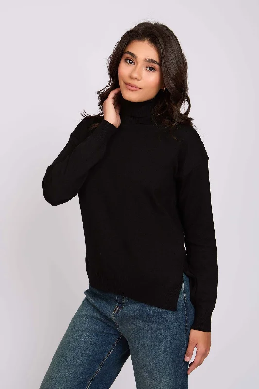 Women Pullover High Neck Black Spaghetti Sleeve Top