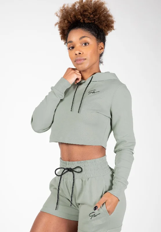 Pixley Crop Top Hoodie - Light Green Front Pockets Side Pockets Patch Pockets