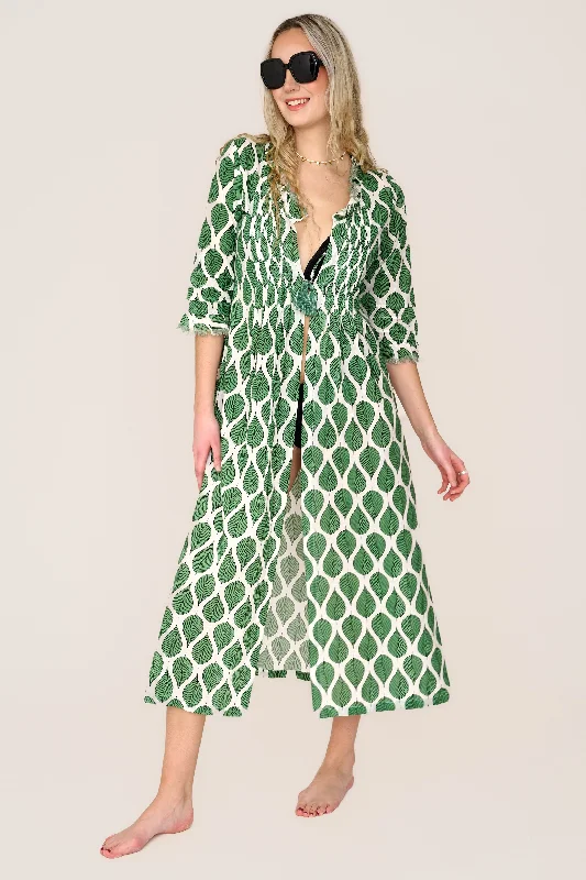 Cotton Annabel Maxi Coat in Green Leaf Embroidered Appliqued Beaded