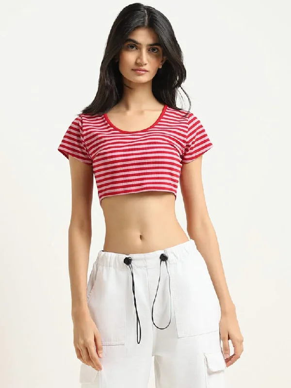 Nuon Pink Striped Cotton Crop Top Spandex Blend Rayon Blend Denim Blend