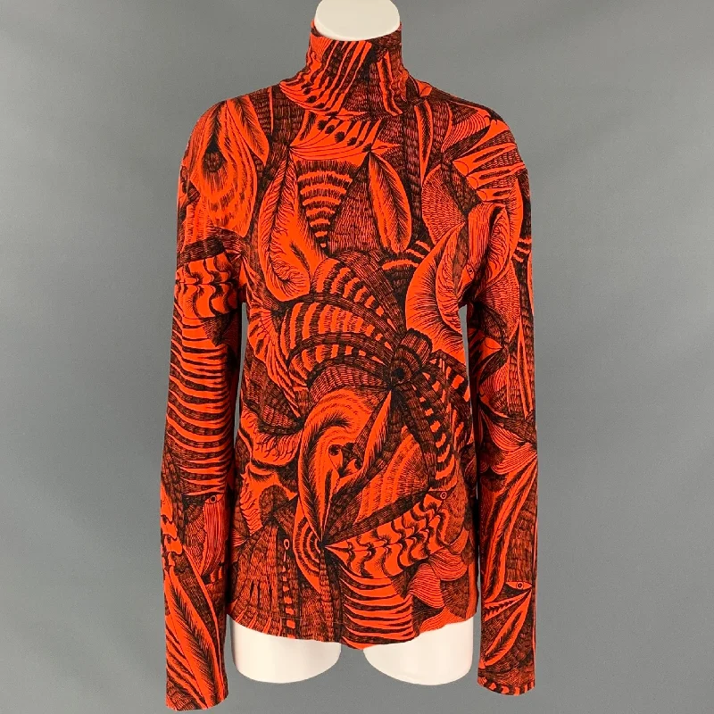 DRIES VAN NOTEN FW 18 Size L Orange / Black Print Viscose Turtleneck Pullover Tight Sleeve Top
