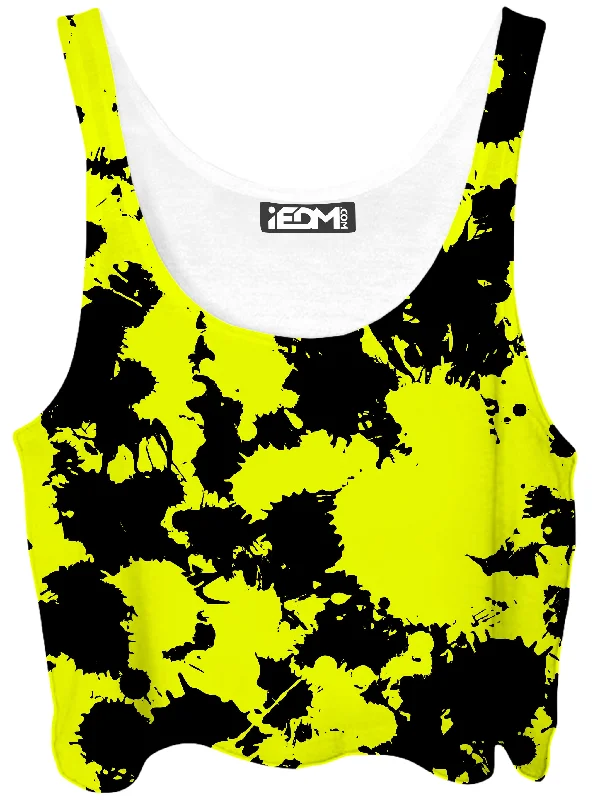 Yellow and Black Paint Splatter Crop Top Print Jacquard Patchwork