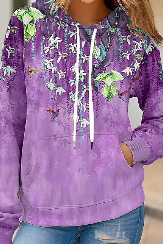 WOMEN FLORAL PRINTING DRAWSTRING HOODED PULLOVER Bateau Neck Pullover
