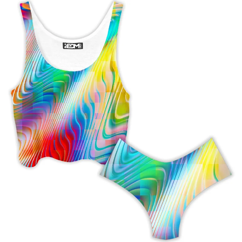 Rainbow Prism Crop Top and Booty Shorts Combo Chenille Fabric Brocade Fabric Lace Fabric