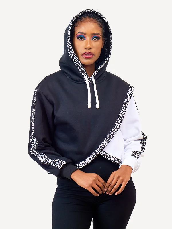 Ladies Block Hoodies: Crop - White & Black with B&W KK Hoodie with Pattern Geometric Abstract