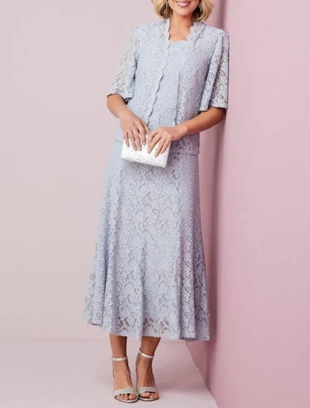 Two Piece A-line Calf Length Scalloped Neck Lace Mother of Bride Dress, Coat Toggle Coat Shawl Collar Coat Notch Collar Coat