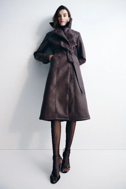 Tarah Faux Leather Trench Coat - Cacao Brown A-Line Ball Gown Mermaid