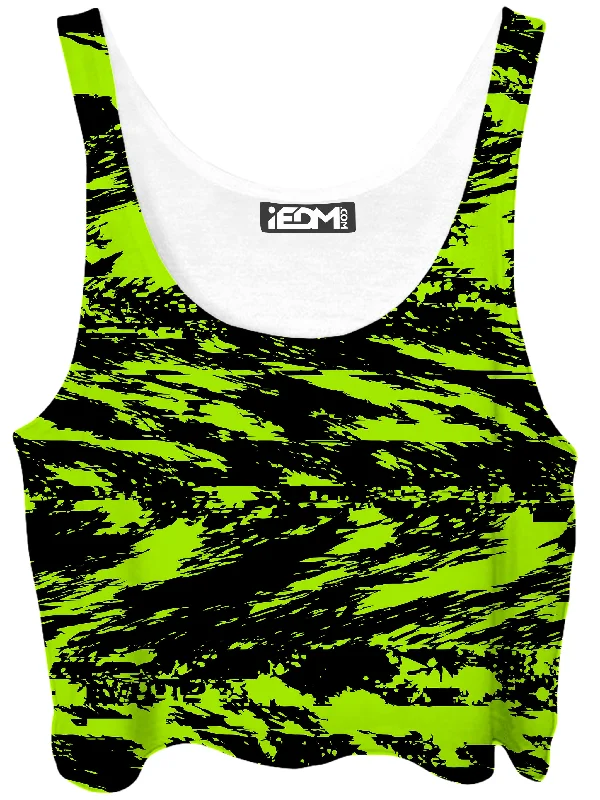 Black Lime Bolt Glitch Crop Top Mesh Blend Leather Blend Suede Blend