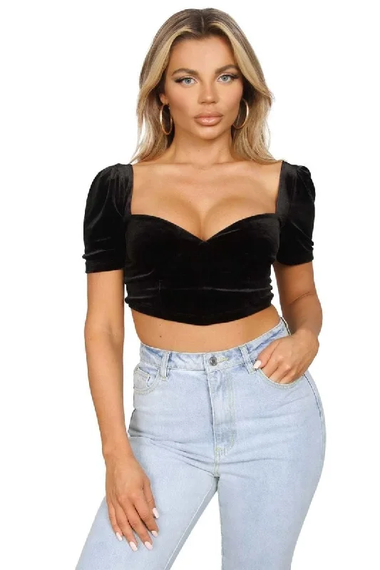 TIC TOC - Karu - Puff Sleeve Crop Top Solid Color Striped Floral
