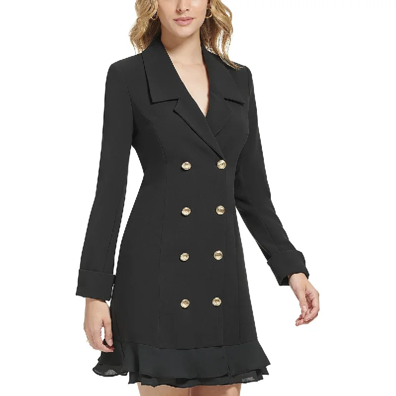 Karl Lagerfeld Paris Womens Ruffled Hem Collared Pea Coat Jersey Tulle Batik