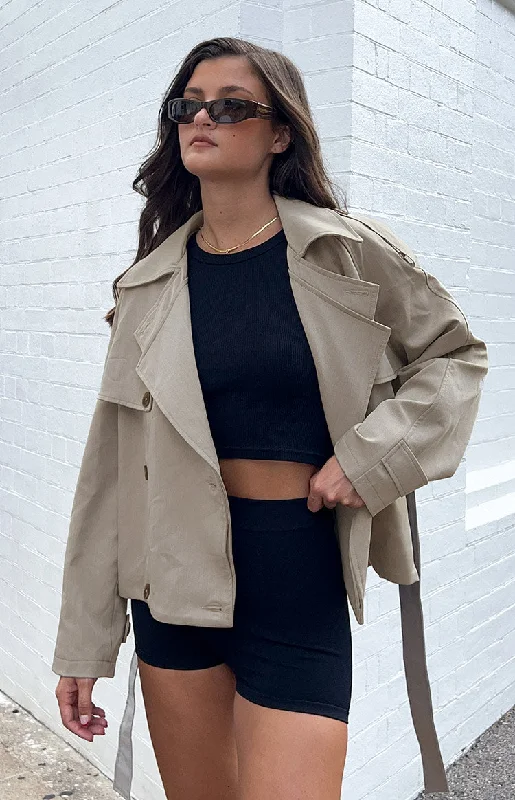 Azura Grey Cropped Trench Coat Solid Print Jacquard