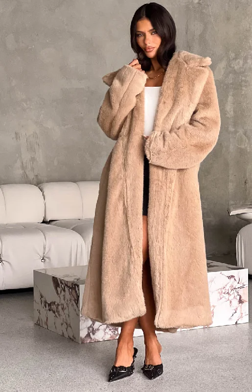 Lyrae Brown Full Length Faux Fur Coat Fleece Down Feather