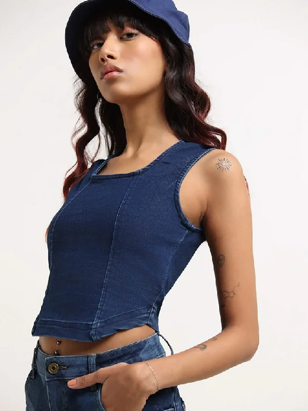 Nuon Blue Denim Crop Top Zippered Front Buttoned Front Snap Front